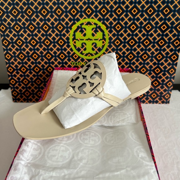 Tory Burch Miller Square Toe Sandal Size 8 New Cream White - Picture 1 of 12